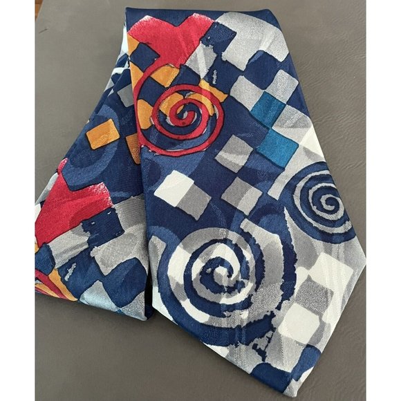 Editions by Van Heusen Tie Size 3.75" x 55" Blue Gray Red Orange Geometric Print - Picture 1 of 6